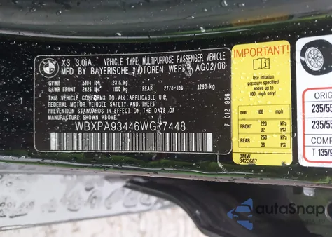 2006 BMW X3 3.0I from USA, damaged, VIN WBXPA93446WG77448